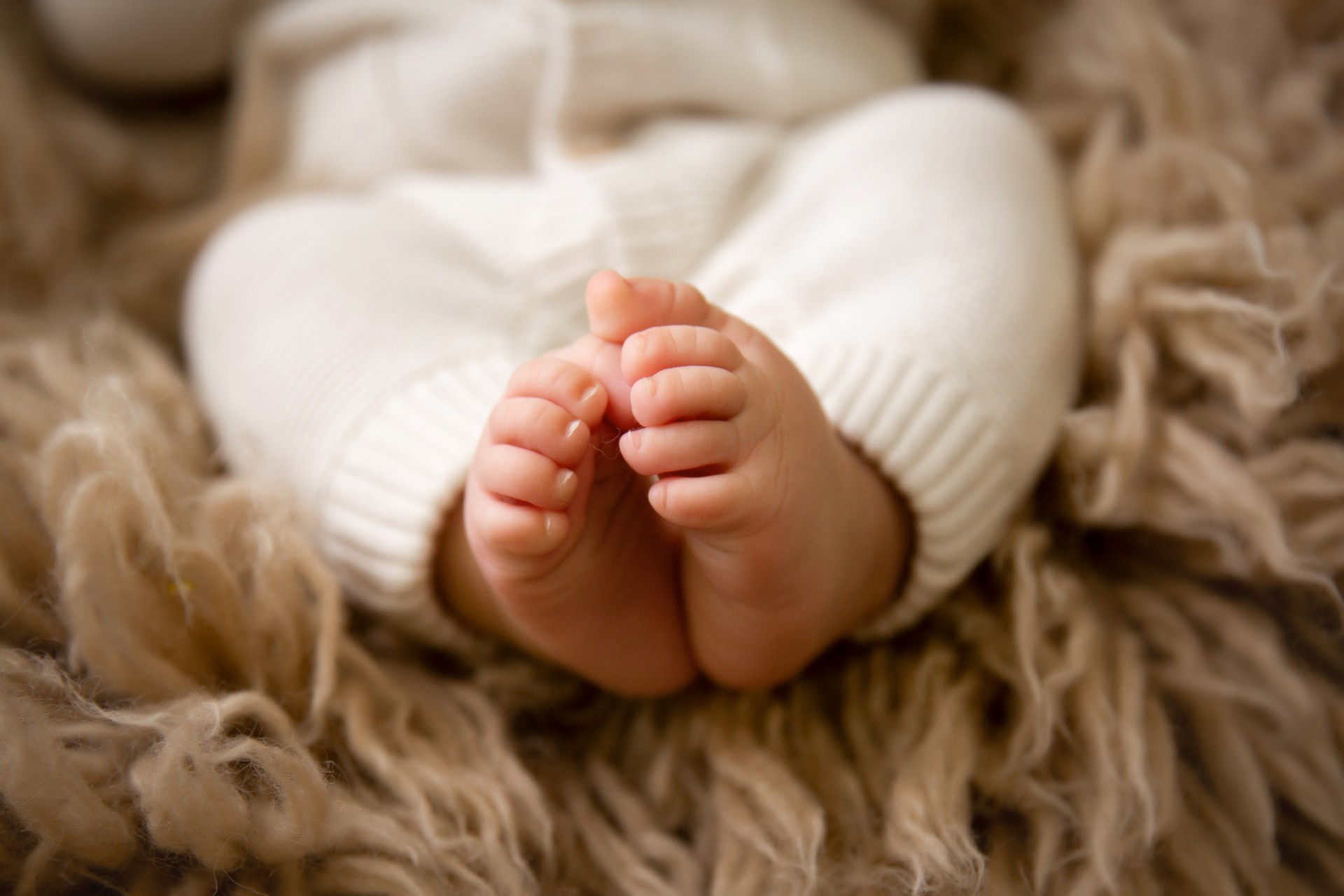 Close up shot of little baby toes with brown fur in the background